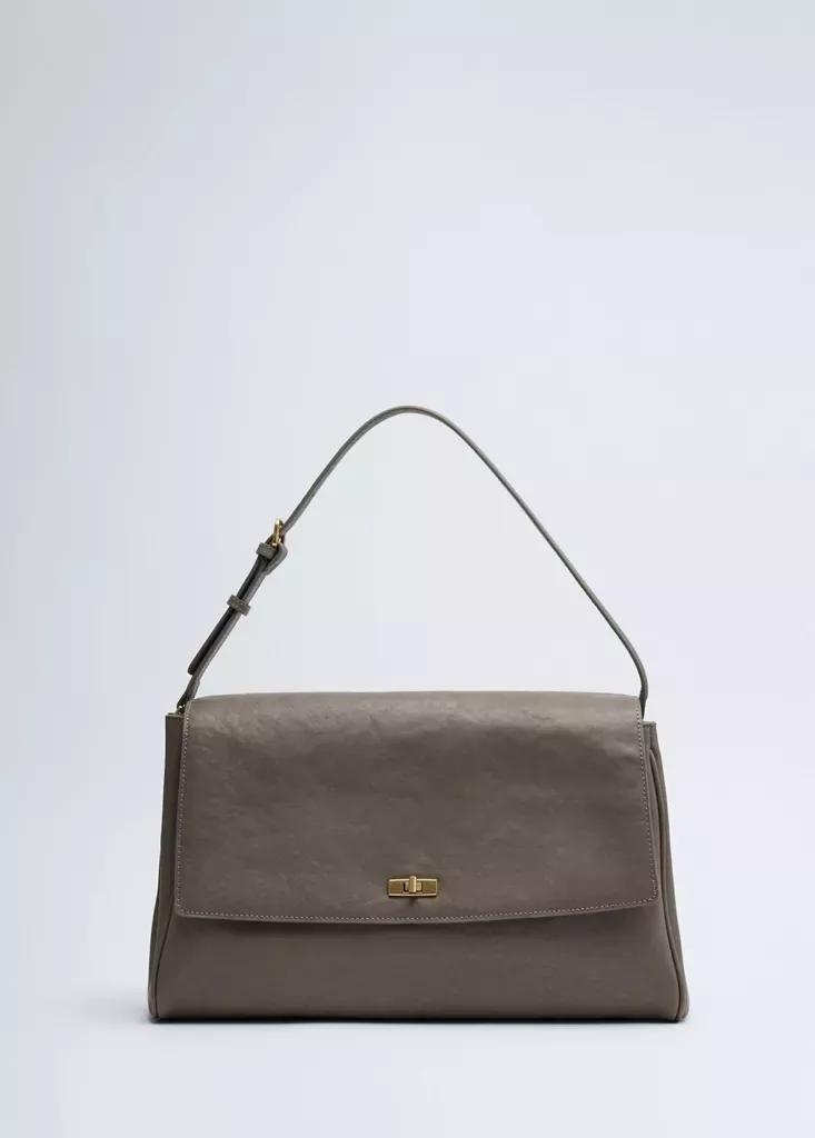 Grey Leather Shoulder Bag With Flap, Grey, medium