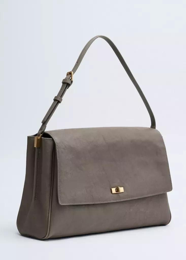 Grey Leather Shoulder Bag With Flap, Grey, large image number 3