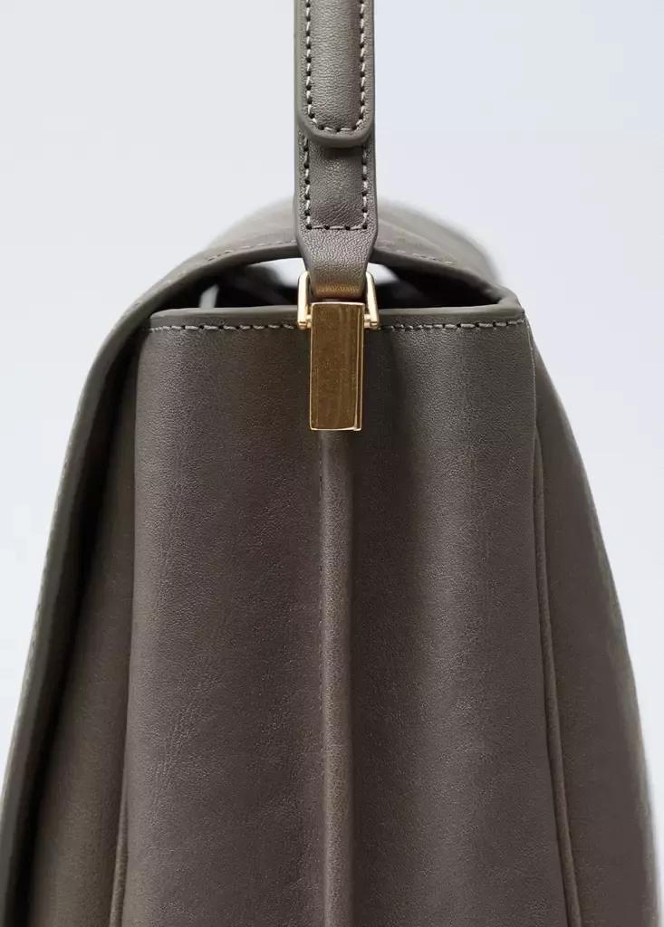 Grey Leather Shoulder Bag With Flap, Grey, large image number 4