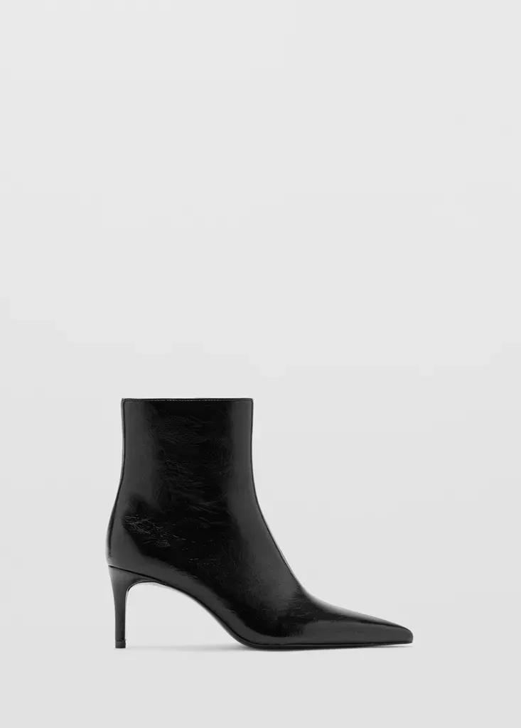 Black Glossy-Finish Pointed-Toe Heeled Ankle Boot, Black, medium
