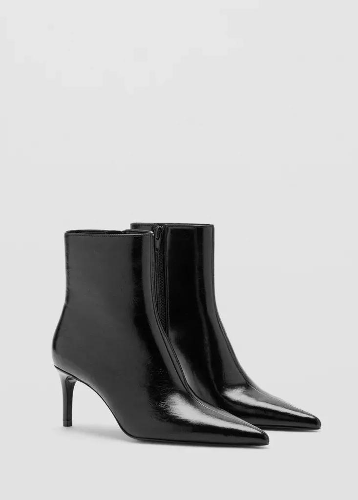 Black Glossy-Finish Pointed-Toe Heeled Ankle Boot, Black, large image number 1