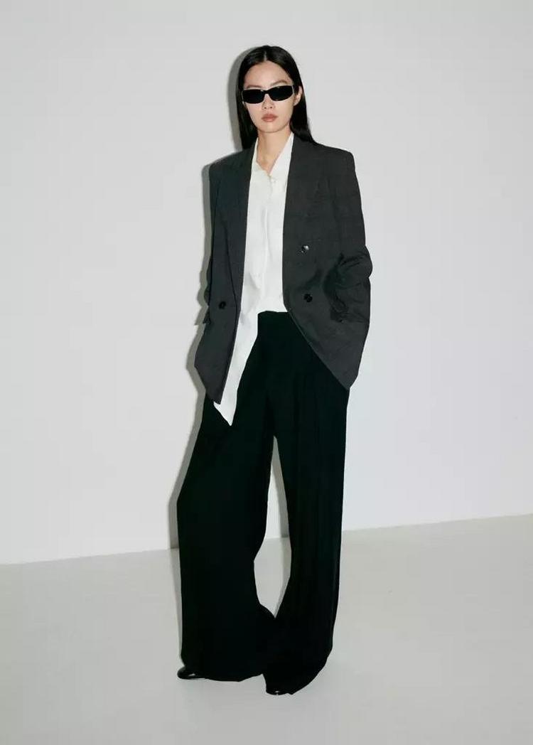 Mango Grey Double-Breasted Check Suit Jacket