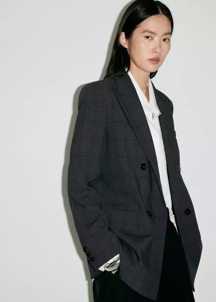 Grey Double-Breasted Check Suit Jacket, Grey, large image number 1