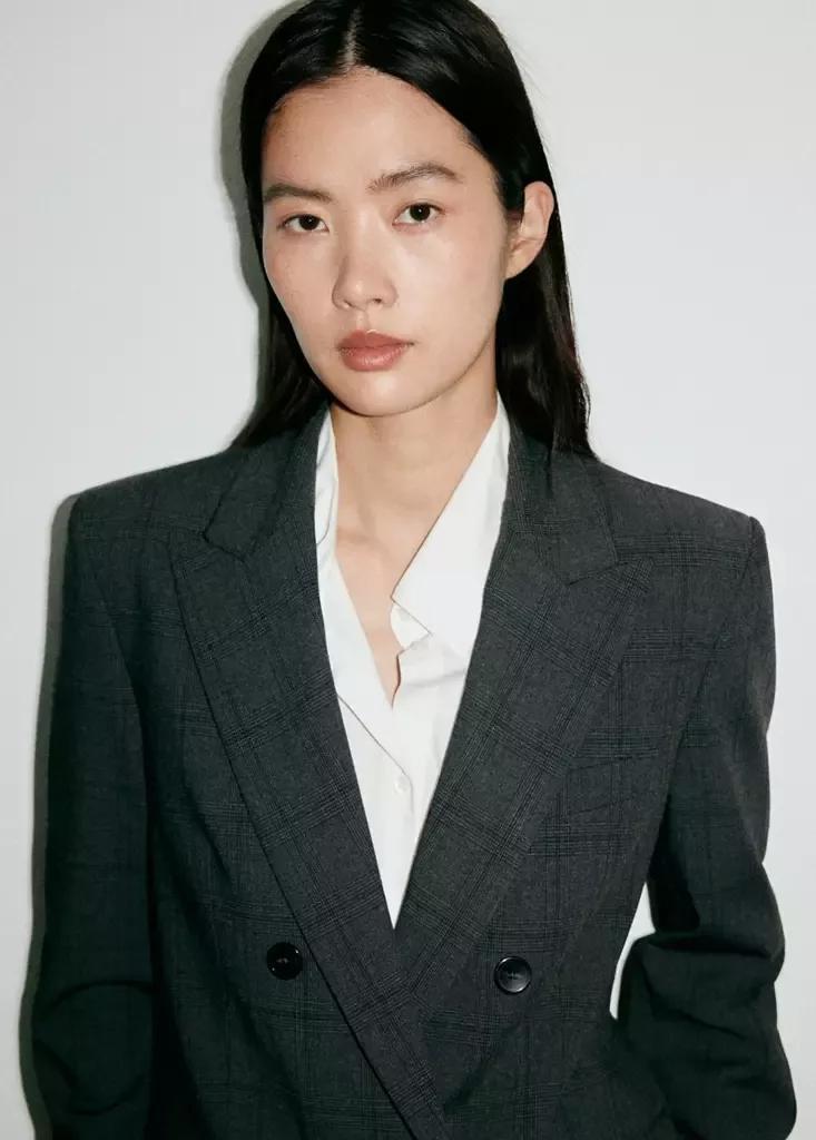 Grey Double-Breasted Check Suit Jacket, Grey, large image number 3