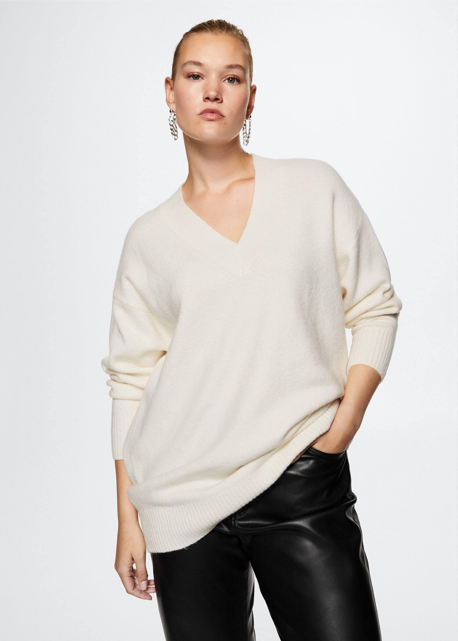 Beige V-Neck Sweater, , large image number 0