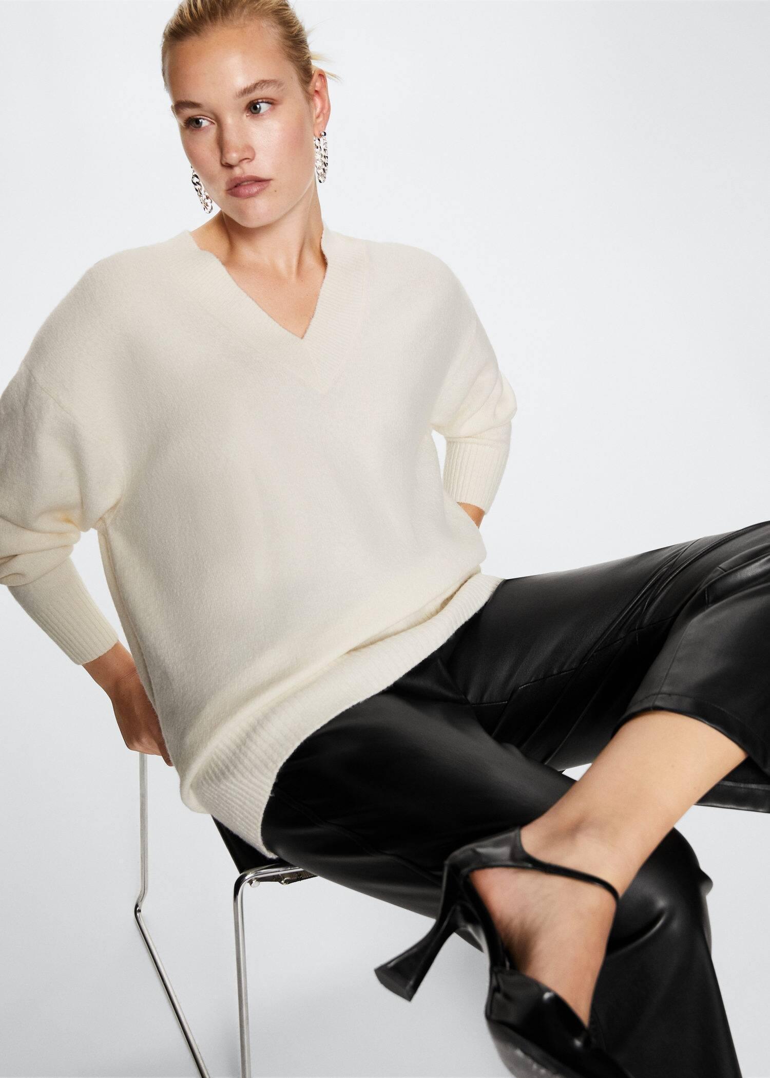 Beige V-Neck Sweater, , large image number 1