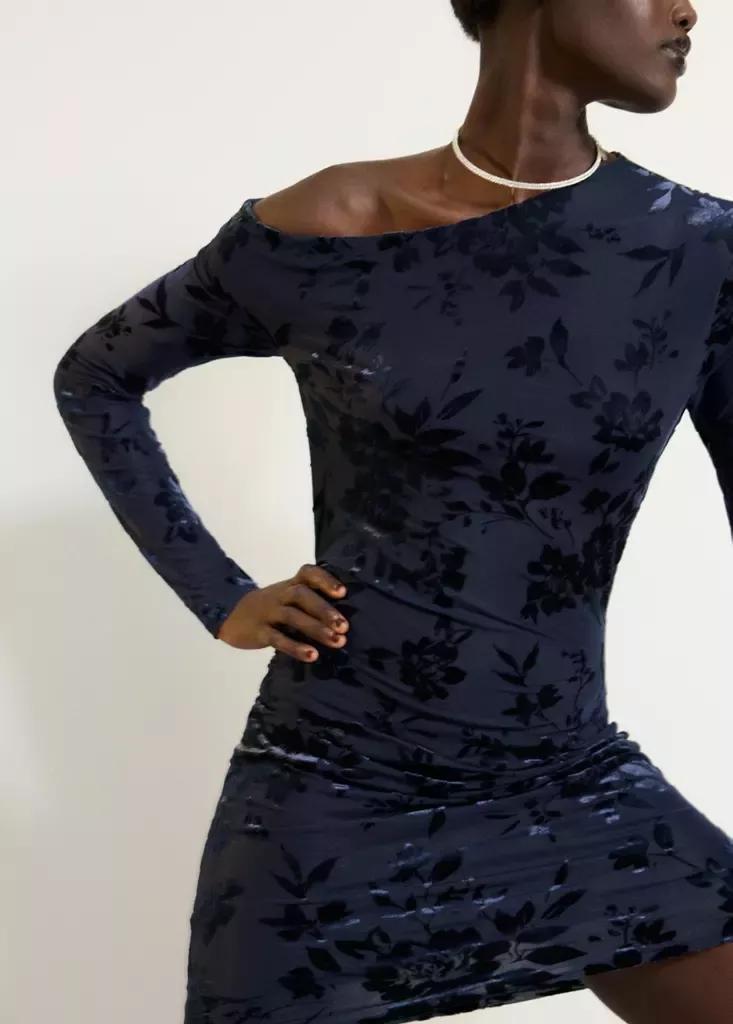 Blue Devor&eacute; Dress With An Asymmetrical Neckline, Navy, large image number 1