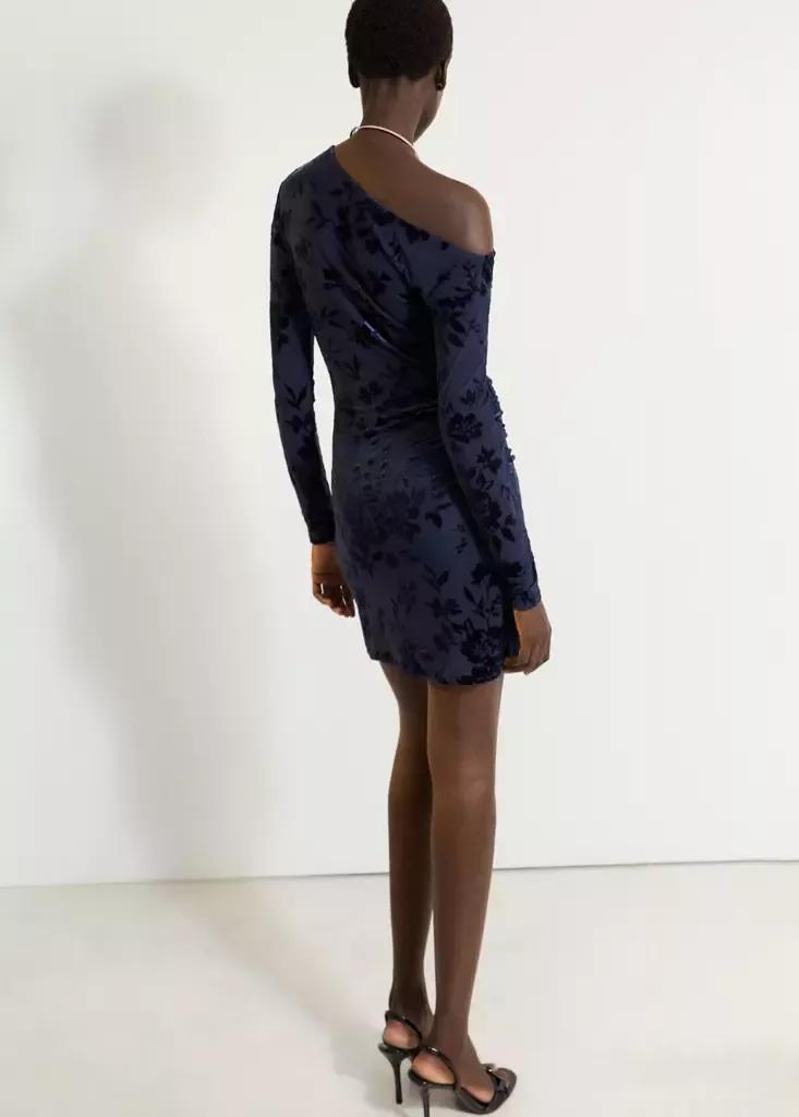 Blue Devor&eacute; Dress With An Asymmetrical Neckline, Navy, large image number 2