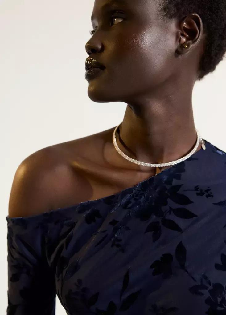 Blue Devor&eacute; Dress With An Asymmetrical Neckline, Navy, large image number 3