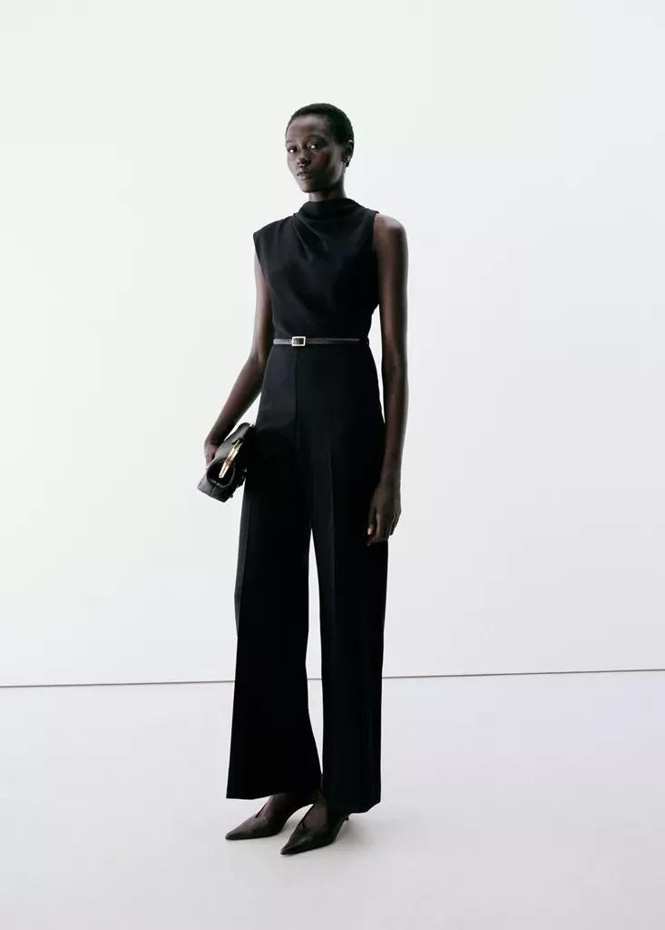Black Jumpsuit With Draped Detail Belt, Black, medium