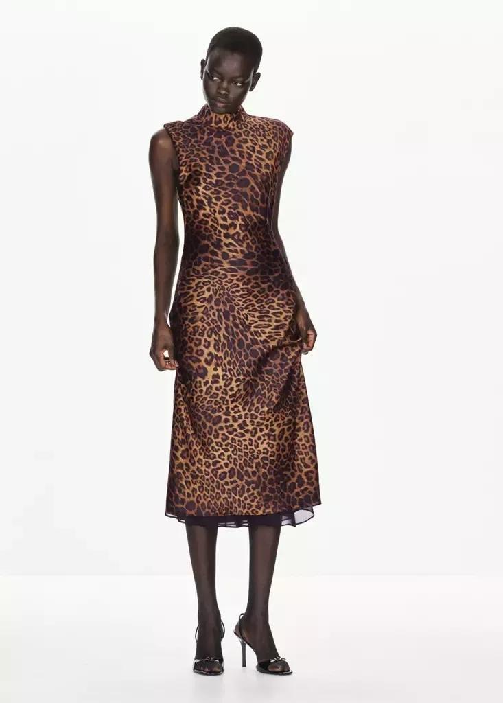 Brown Leopard Print Dress With A Roll Neck, Brown, medium