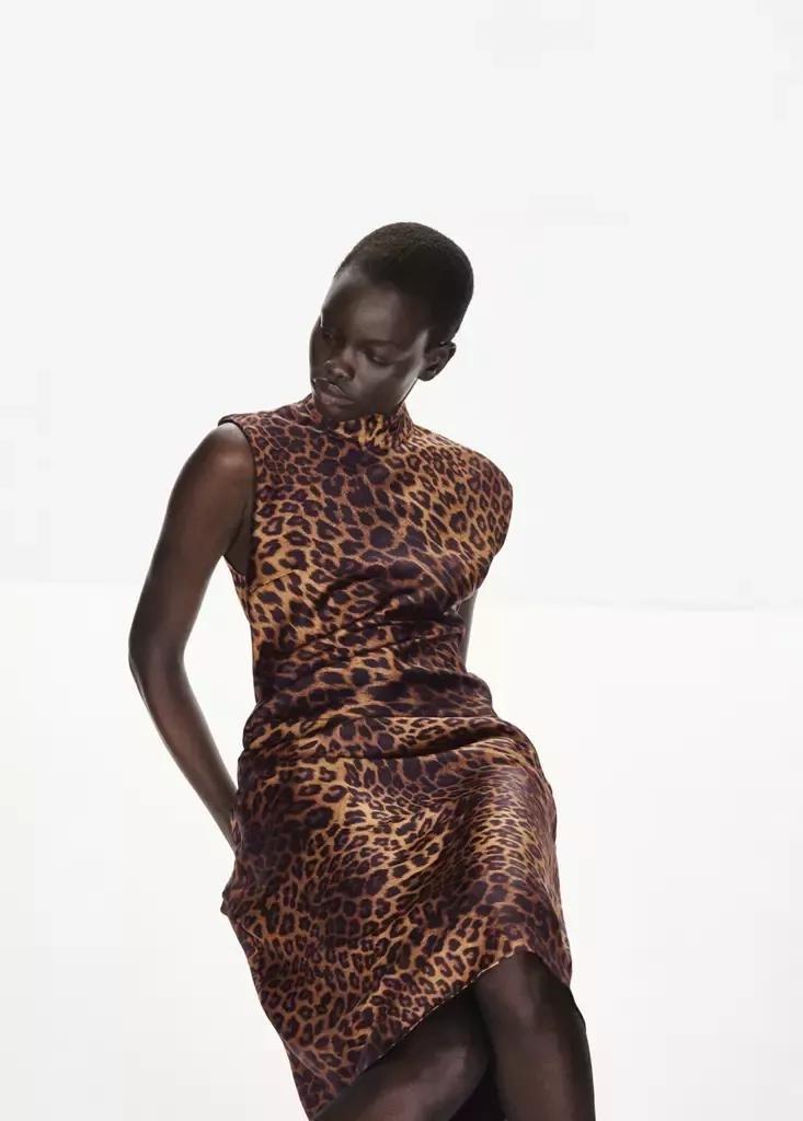 Brown Leopard Print Dress With A Roll Neck, Brown, large image number 3