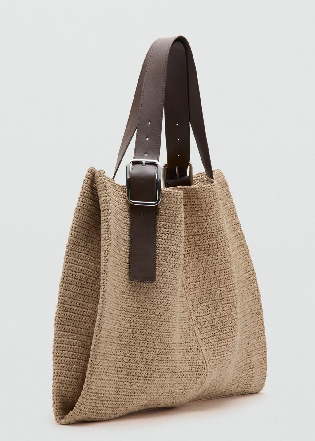 Beige Natural Fibre Shopper Bag With Buckle Detail, Light Beige, medium