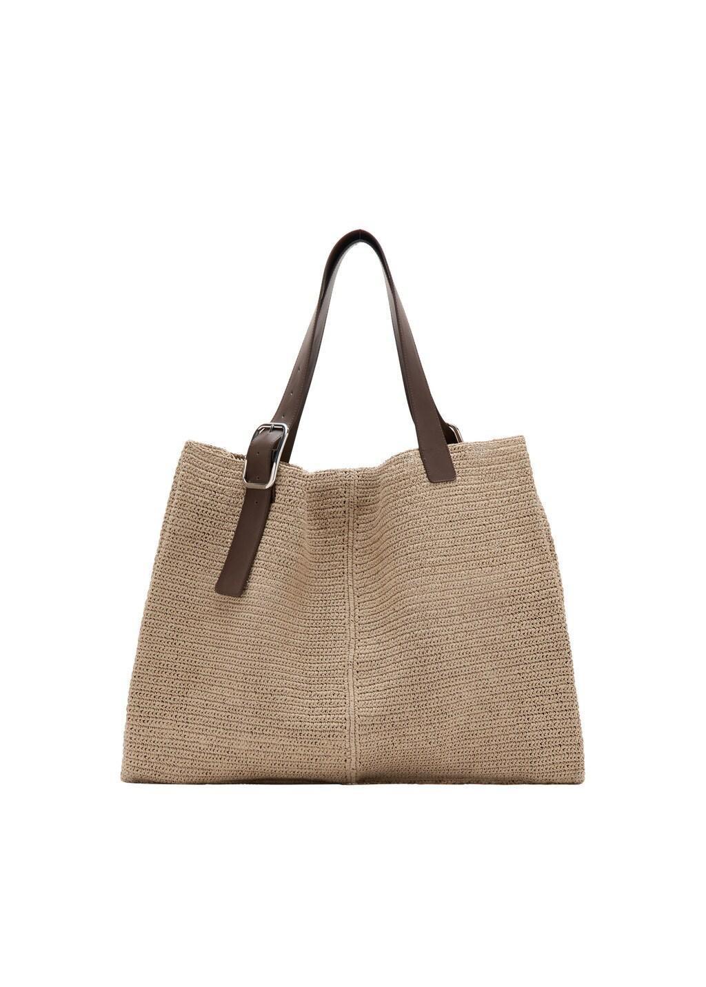 Beige Natural Fibre Shopper Bag With Buckle Detail, Light Beige, medium