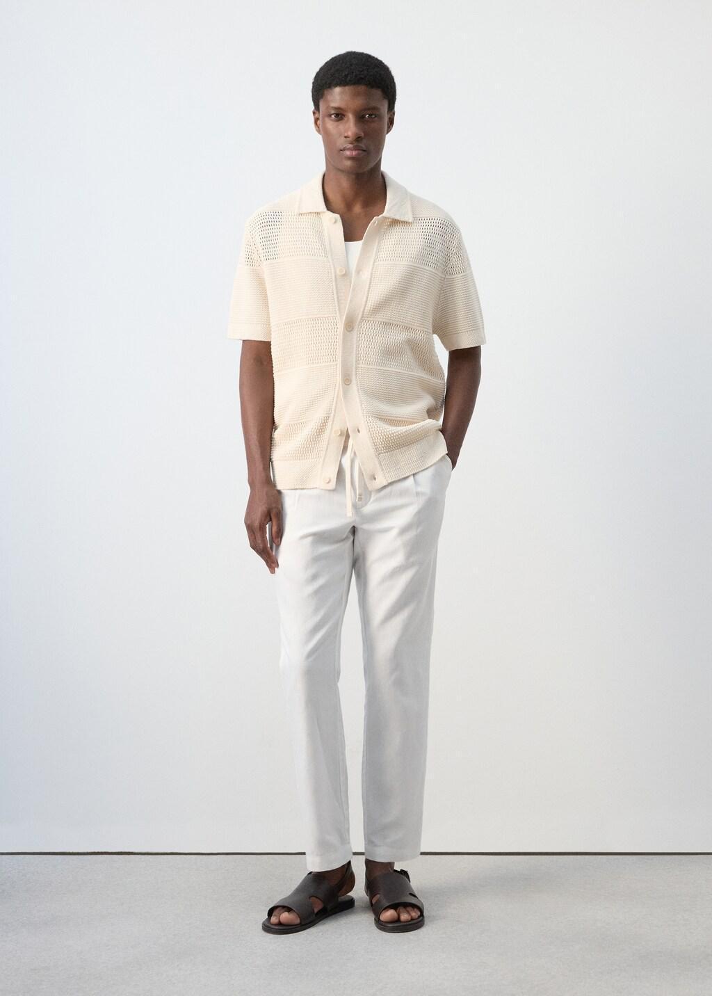 White Slim Fit Cropped Linen-Cotton Trousers, Natural White, large image number 0