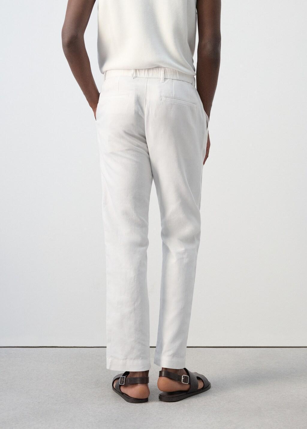 White Slim Fit Cropped Linen-Cotton Trousers, Natural White, large image number 2