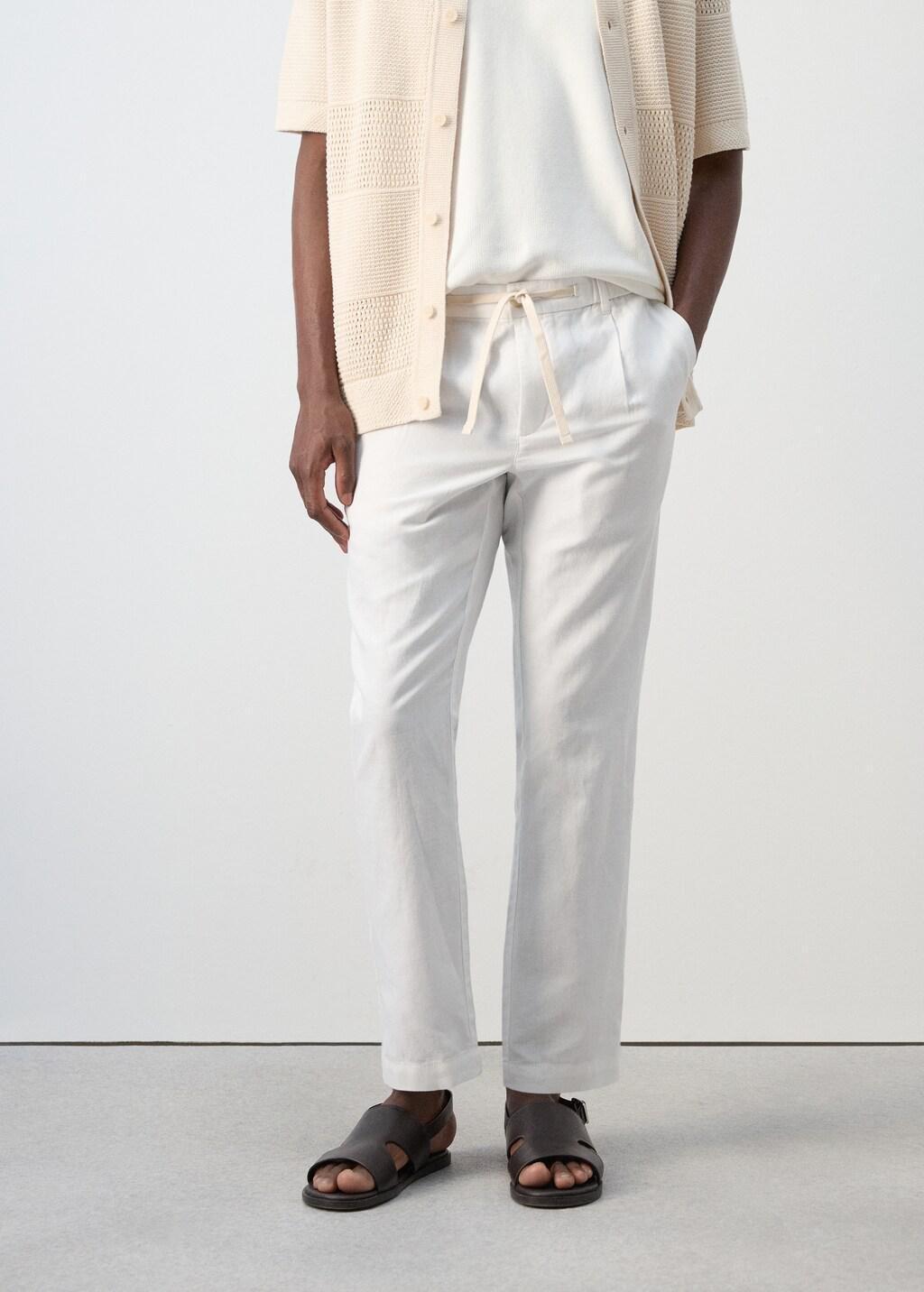 White Slim Fit Cropped Linen-Cotton Trousers, Natural White, large image number 3