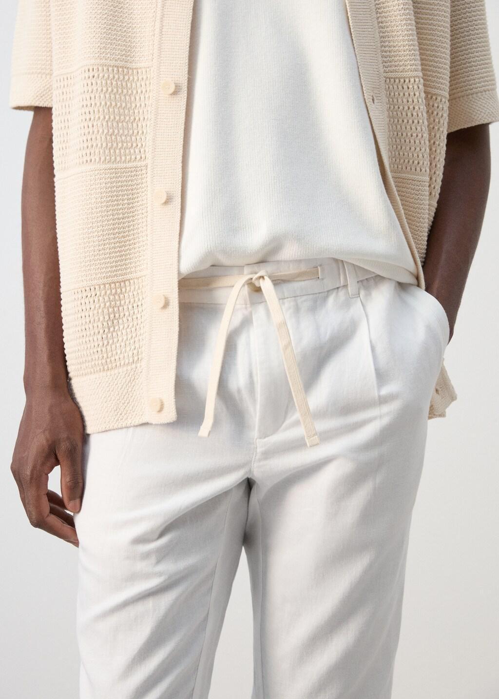 White Slim Fit Cropped Linen-Cotton Trousers, Natural White, large image number 4