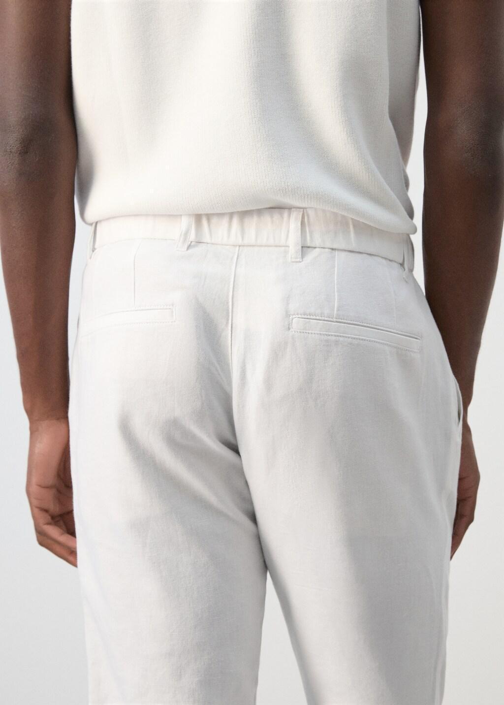 White Slim Fit Cropped Linen-Cotton Trousers, Natural White, large image number 6