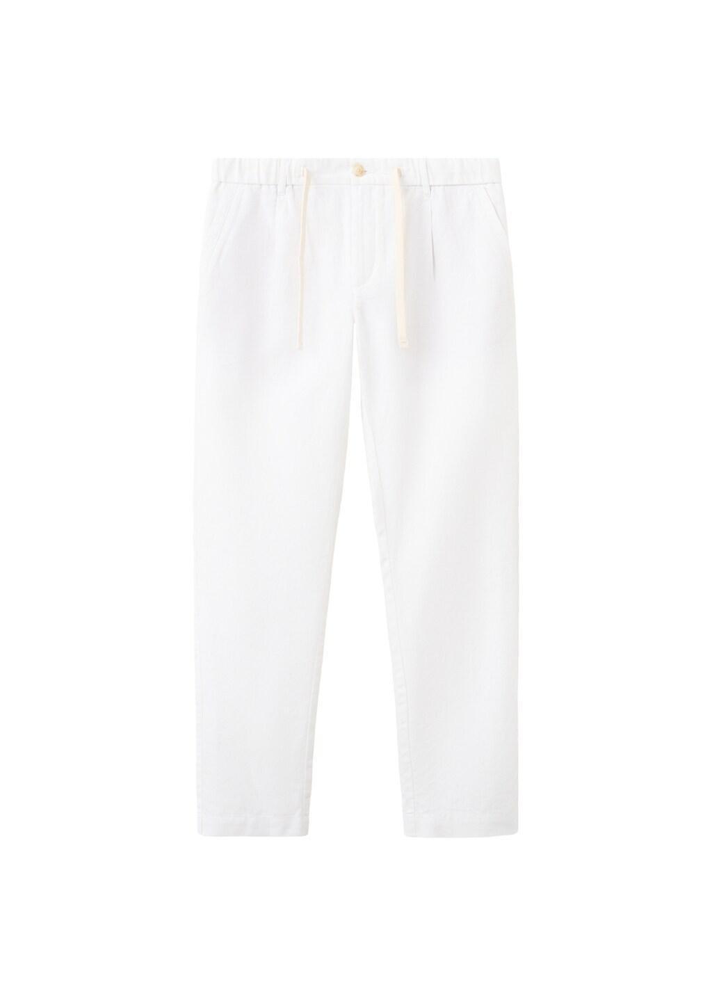 White Slim Fit Cropped Linen-Cotton Trousers, Natural White, large image number 7