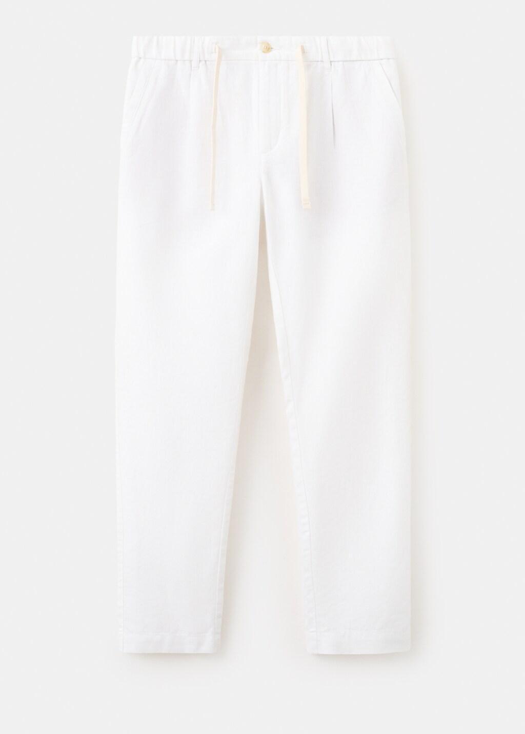 White Slim Fit Cropped Linen-Cotton Trousers, Natural White, large image number 8