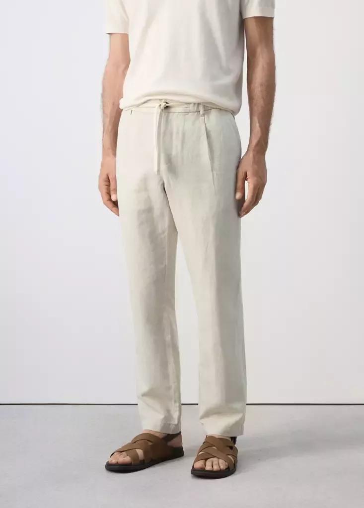 LIGHT BEIGE Slim fit cropped linen-cotton trousers, Light Beige, large image number 1