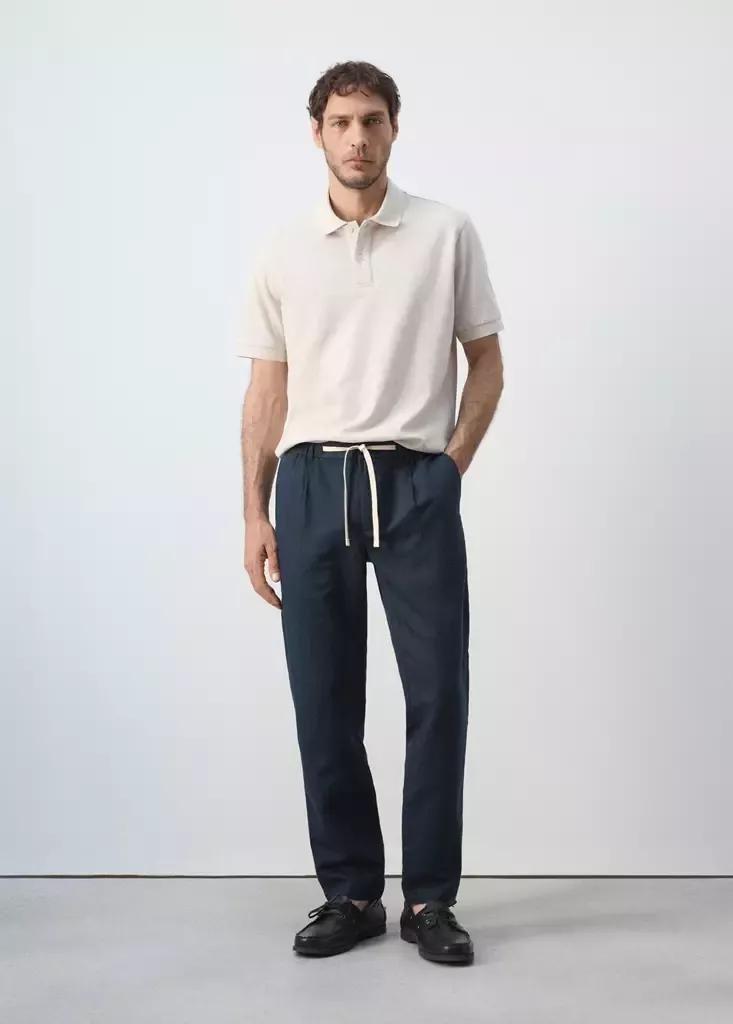 Blue Slim Fit Cropped Linen-Cotton Trousers, Navy, large image number 0
