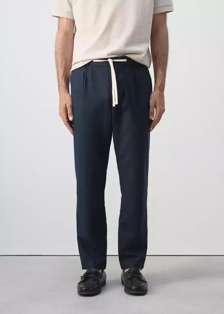 Blue Slim Fit Cropped Linen-Cotton Trousers, Navy, large image number 1
