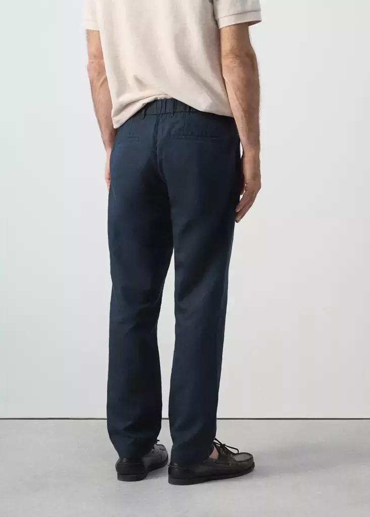 Blue Slim Fit Cropped Linen-Cotton Trousers, Navy, large image number 2