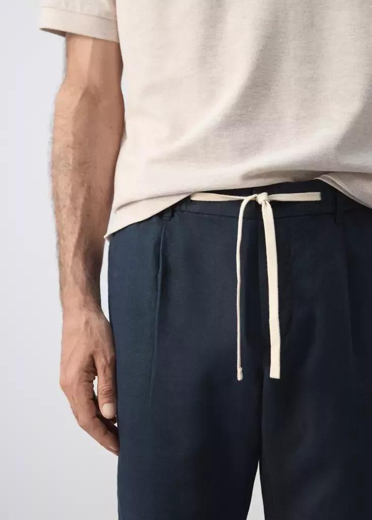 Blue Slim Fit Cropped Linen-Cotton Trousers, Navy, large image number 3