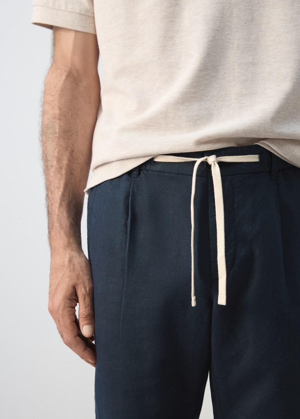 Blue Slim Fit Cropped Linen-Cotton Trousers, Navy, large image number 4