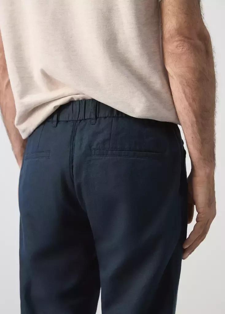 Blue Slim Fit Cropped Linen-Cotton Trousers, Navy, large image number 5
