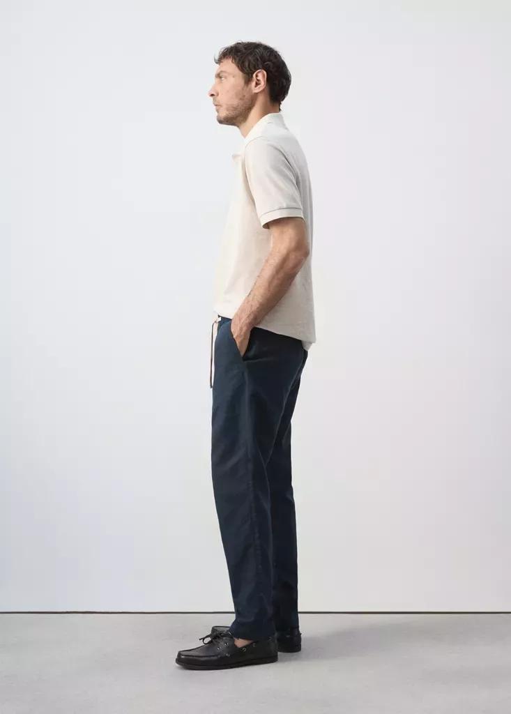 Blue Slim Fit Cropped Linen-Cotton Trousers, Navy, large image number 6