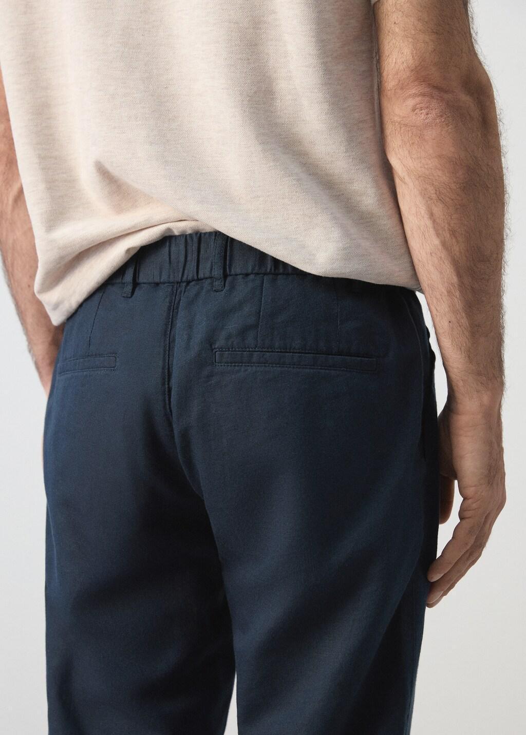 Blue Slim Fit Cropped Linen-Cotton Trousers, Navy, large image number 7