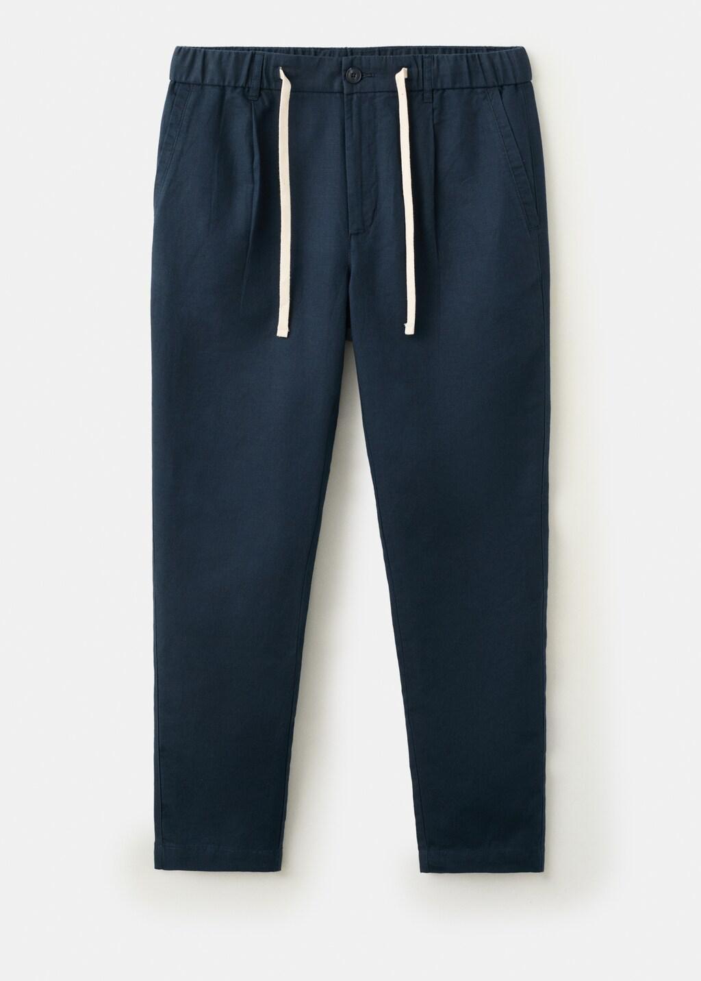 Blue Slim Fit Cropped Linen-Cotton Trousers, Navy, large image number 9