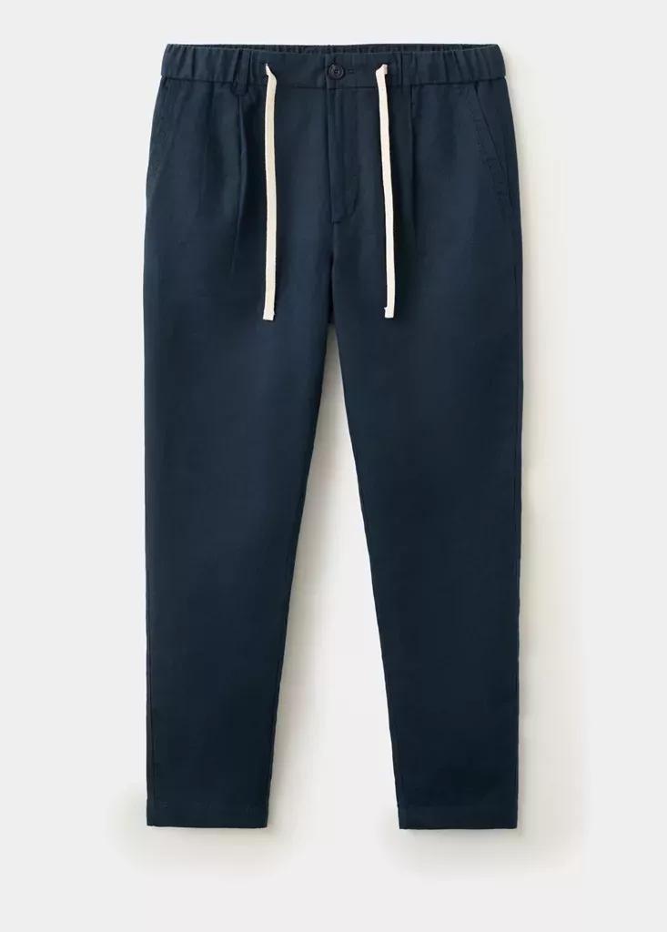 Blue Slim Fit Cropped Linen-Cotton Trousers, Navy, large image number 10