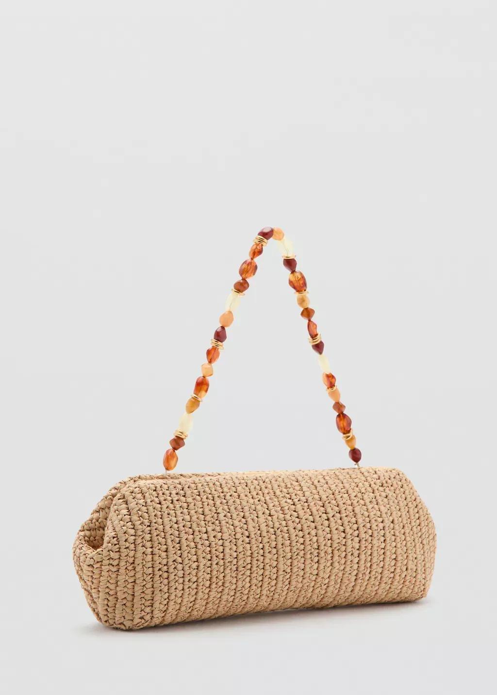 Beige Fibre Shoulder Bag With Bead Detail, Light Beige, medium