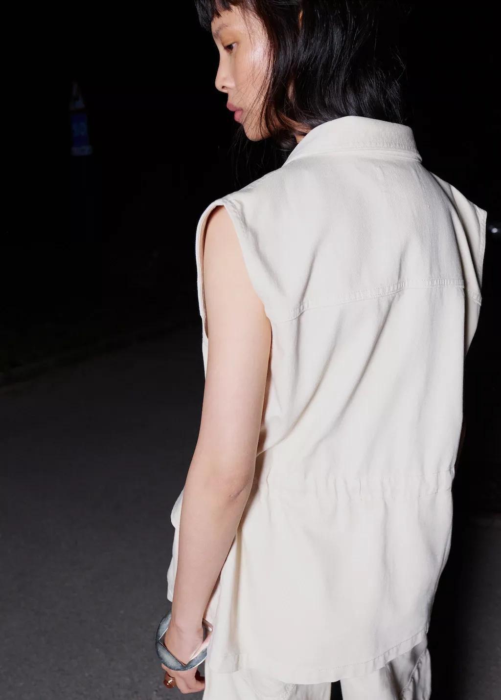 Beige Oversized Denim Gilet, Light Beige, large image number 1