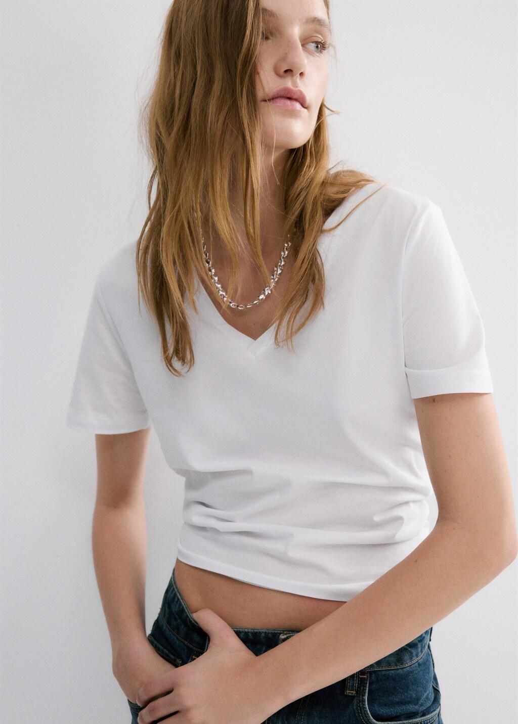 White V-Neck Cotton T-Shirt, White, large image number 3