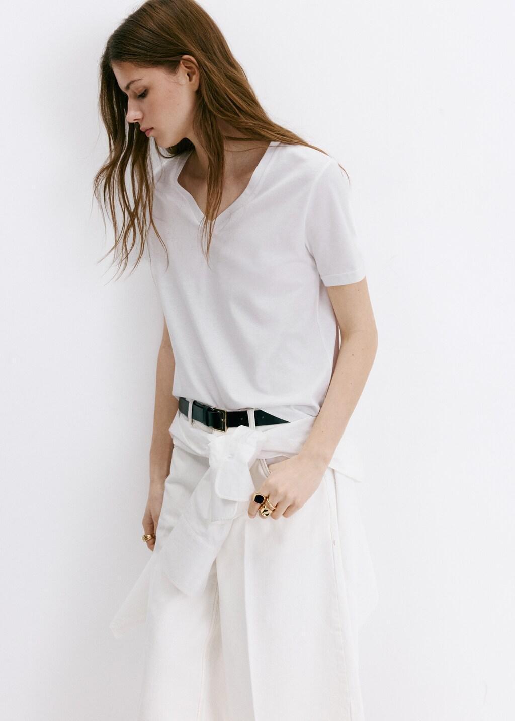 White V-Neck Cotton T-Shirt, White, large image number 4
