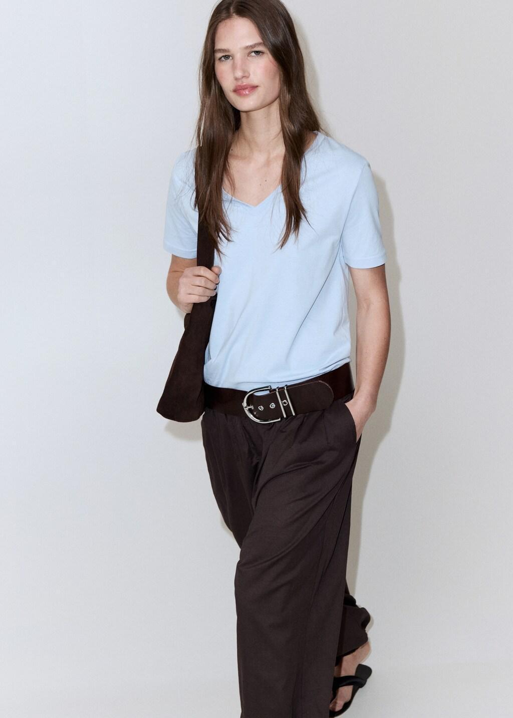 Blue Lt Pastel V-Neck Cotton T-Shirt, Light-Pastel Blue, large image number 3