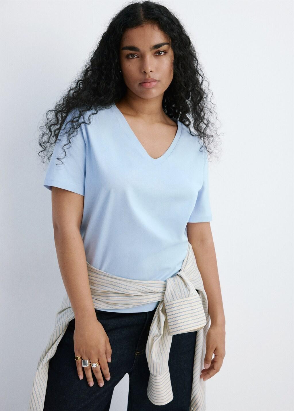 Blue Lt Pastel V-Neck Cotton T-Shirt, Light-Pastel Blue, large image number 6