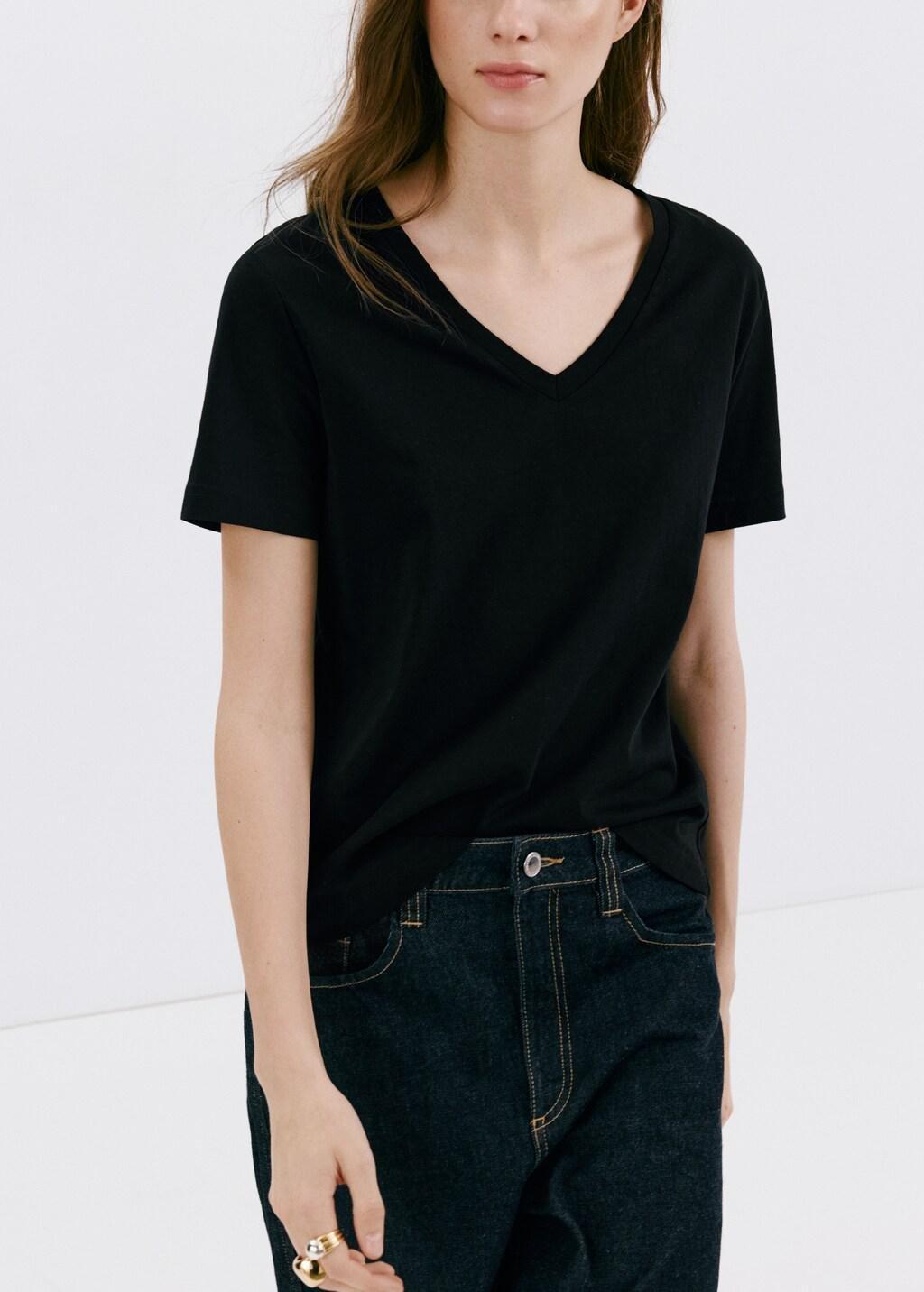 Black V-Neck Cotton T-Shirt, Black, large image number 3