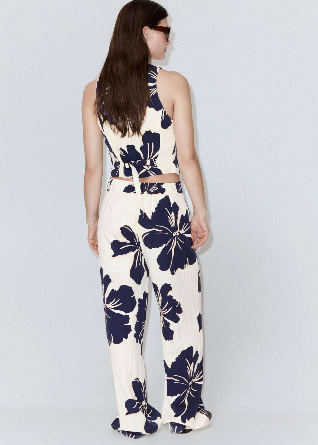 White Floral Print Lyocell Straight-Leg Trousers, Natural White, large image number 2