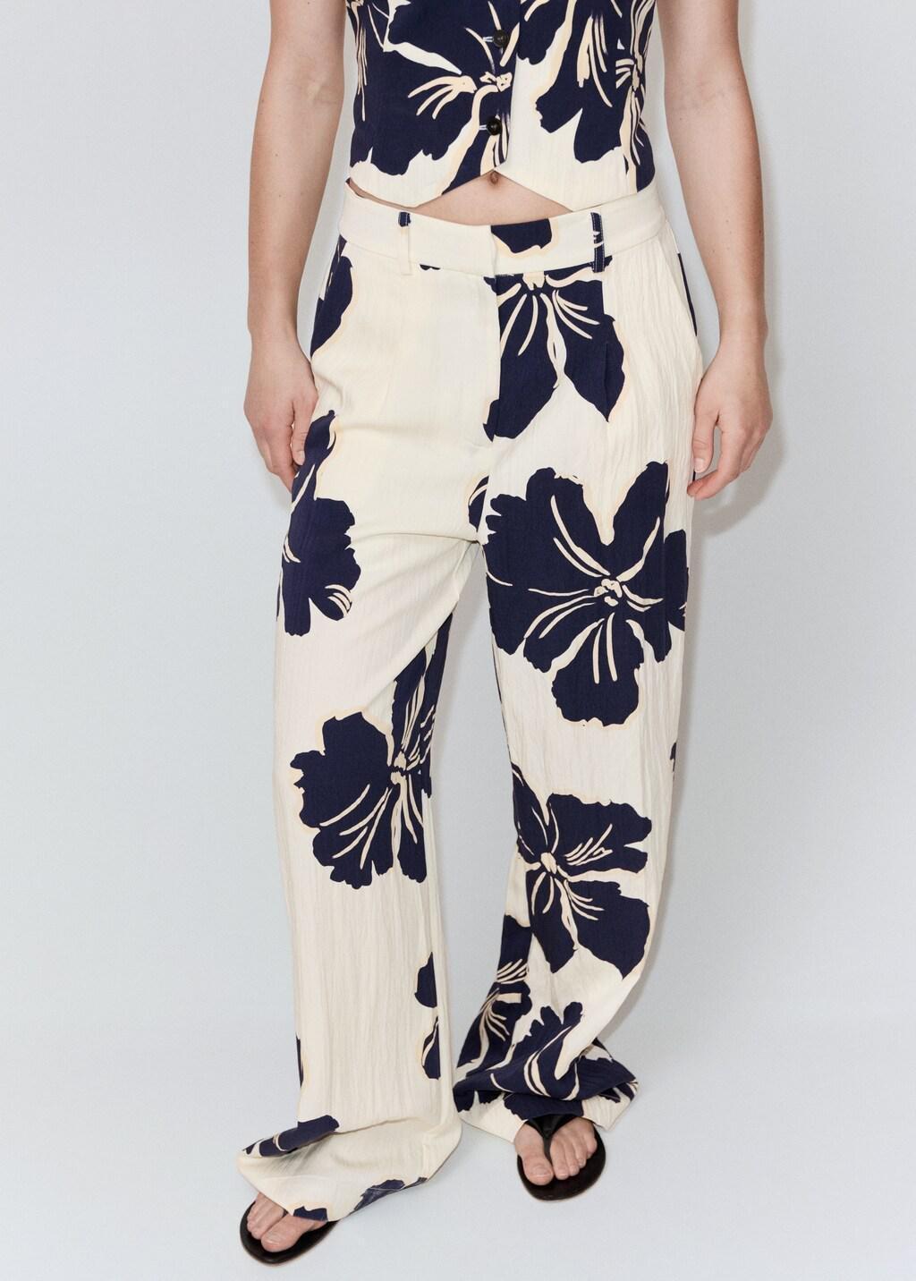 White Floral Print Lyocell Straight-Leg Trousers, Natural White, large image number 3