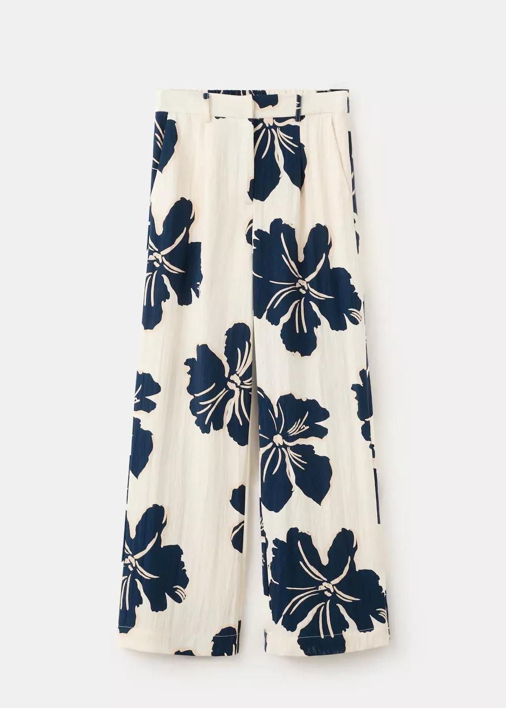 White Floral Print Lyocell Straight-Leg Trousers, Natural White, large image number 7