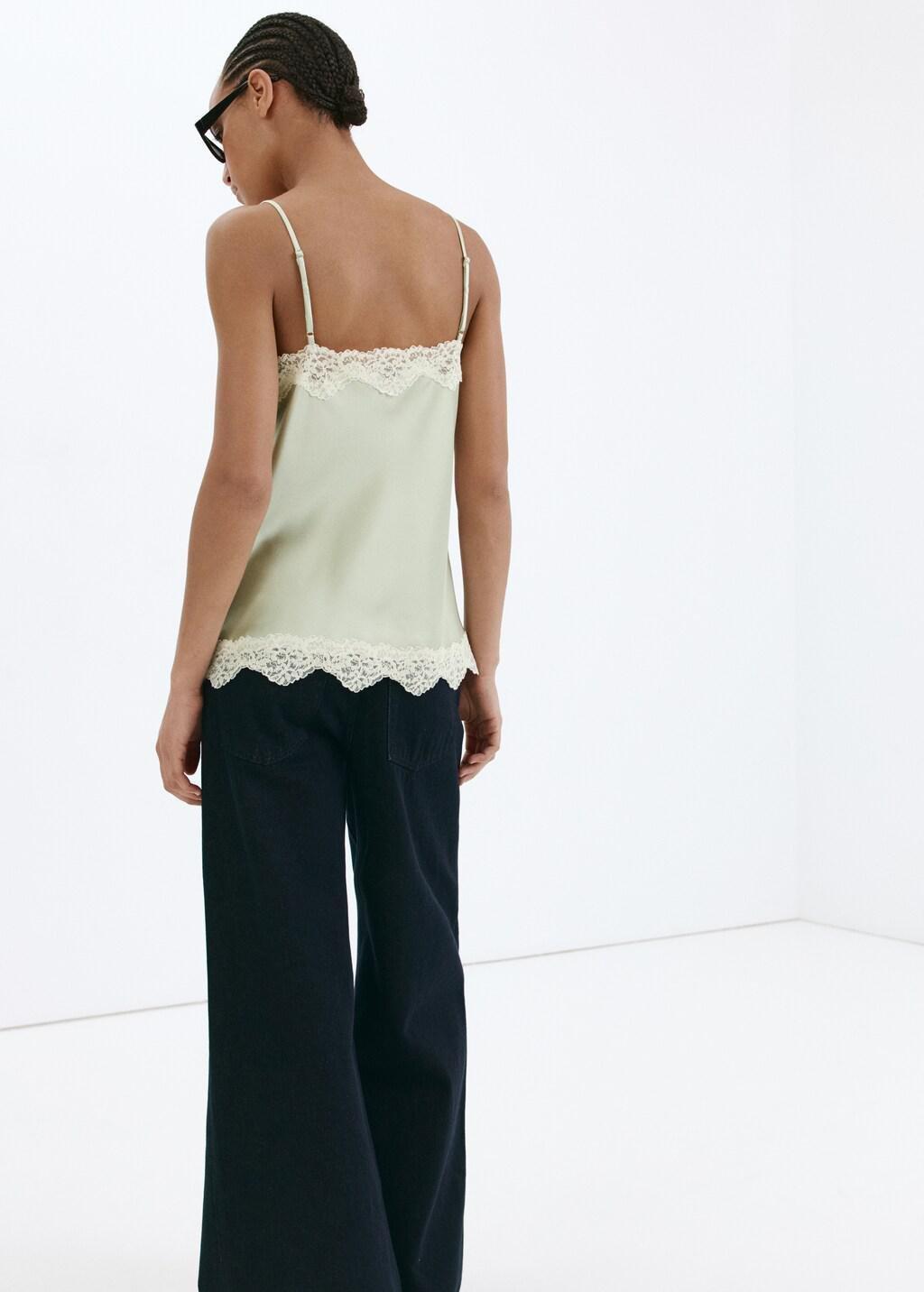 Green Lace Detail Satin Top, Green, large image number 2