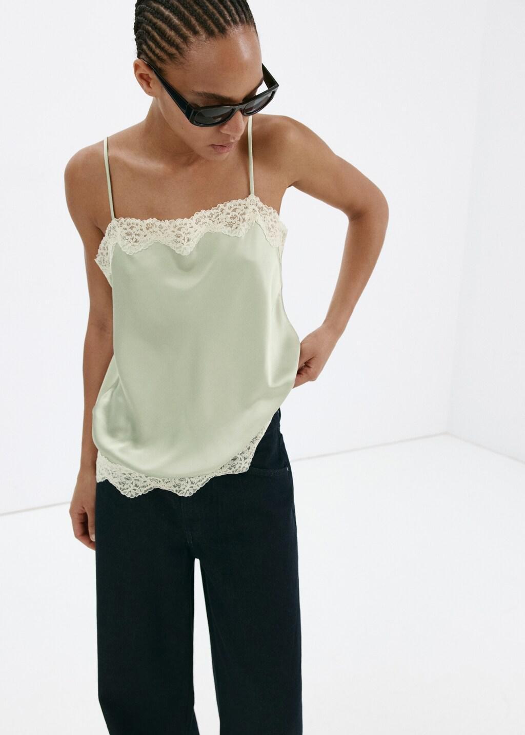 Green Lace Detail Satin Top, Green, large image number 3