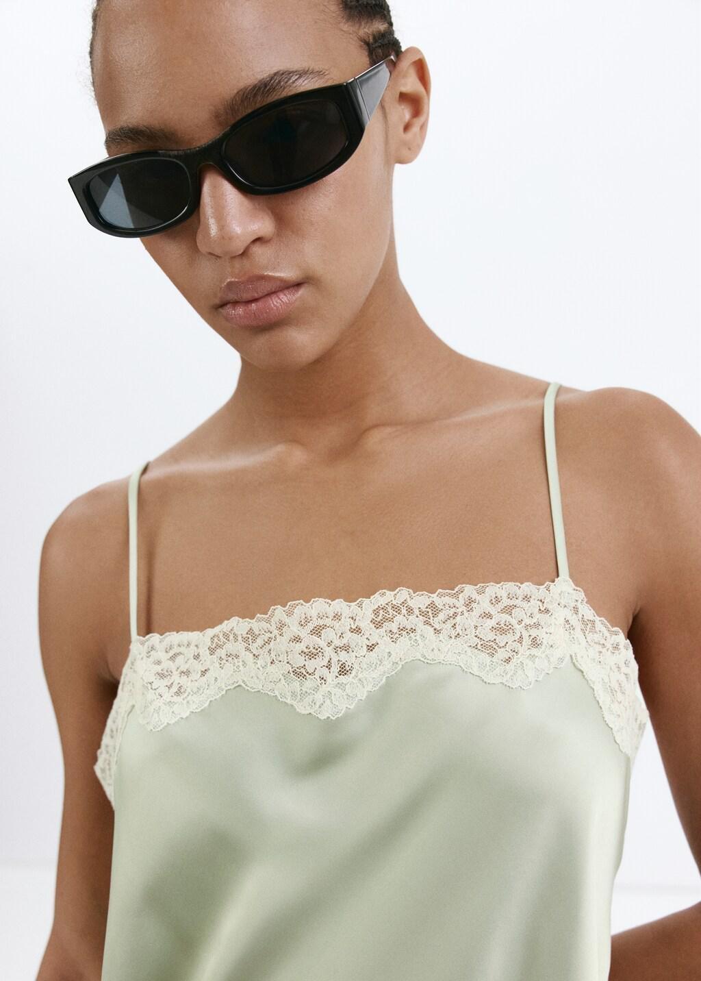 Green Lace Detail Satin Top, Green, large image number 4