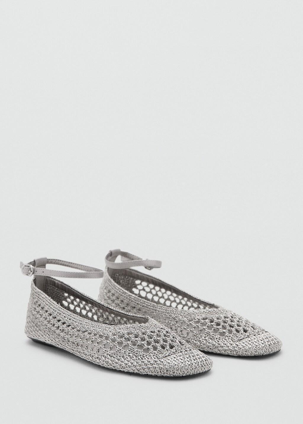 Silver Crochet Ankle Strap Ballerinas, Silver, large image number 0